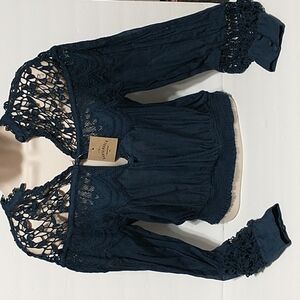 Free People Santa Paula Navy blue long sleeve blouse women size XS